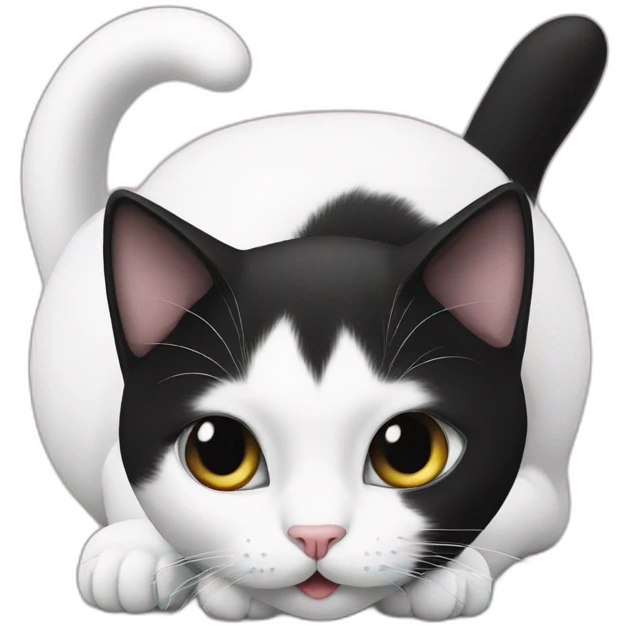 A white cat is licking a black cat emoji