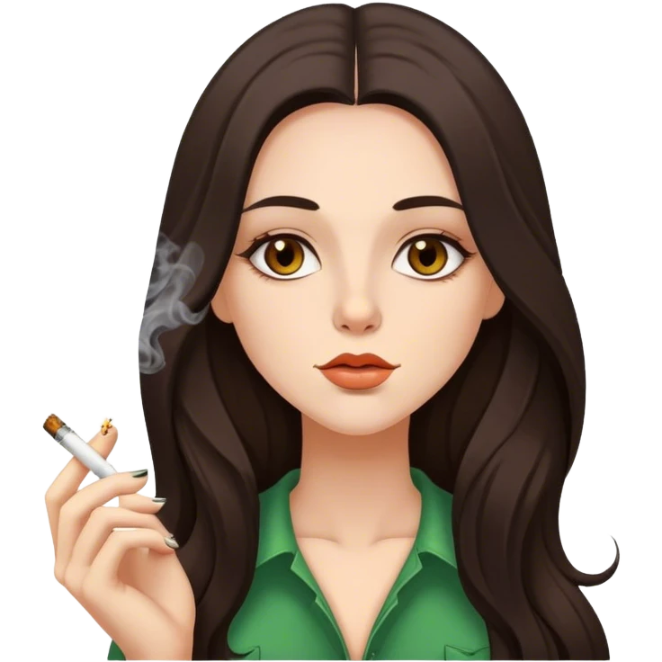 Beautiful white long haired brunette woman with brown eyes smoking weed emoji