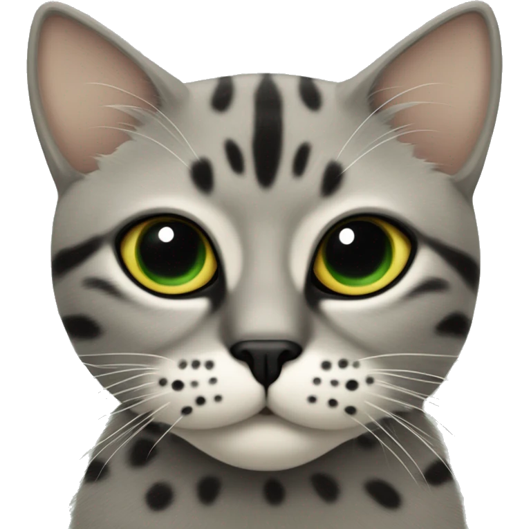 Gato atigrado gris, beige y negro, con lunares en los bigotes, los ojos verdes-amarillos emoji