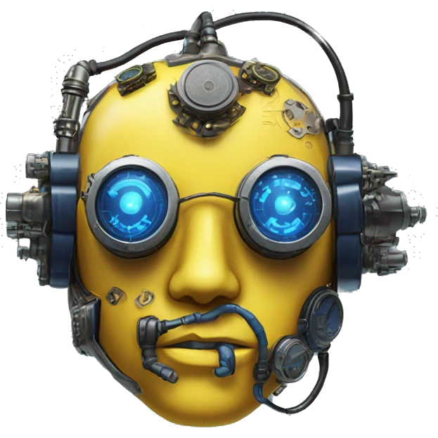 Yellow cyborg head with dark blue steampunk goggles and circuitry emoji