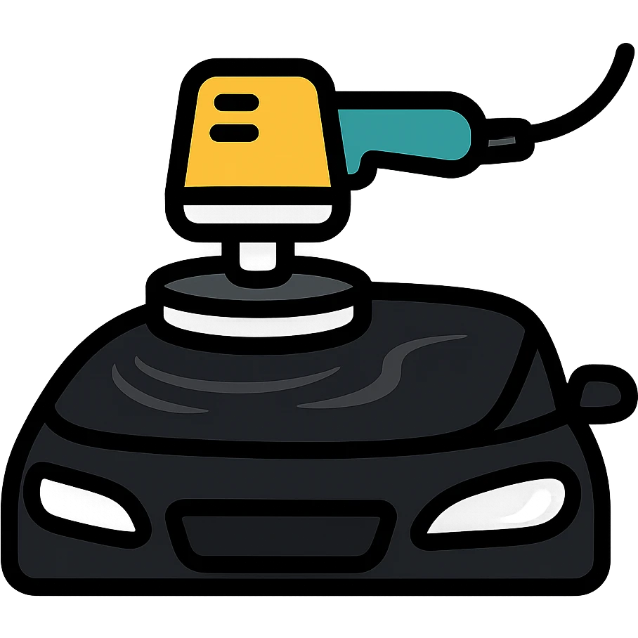 polishing machine icon on the surface of a glossy black car hood with reflection, main color black, metallic silver details, soft waves of shine around the polished area, modern and clean style, no text emoji