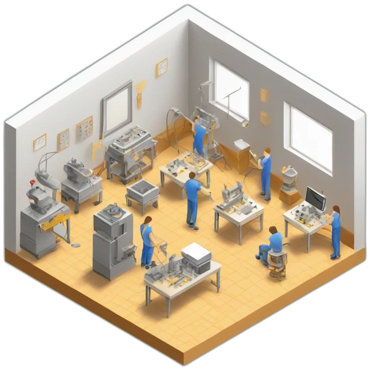 isometric square transparent solid outline border containing indoor creative workshop handmade factory people actively working cnc machine simple clean emoji