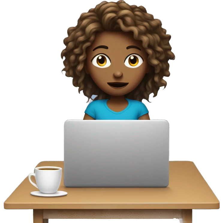 girl with blue eyes and disheveled hair sits on bed and looks at laptop with mug in hands emoji
