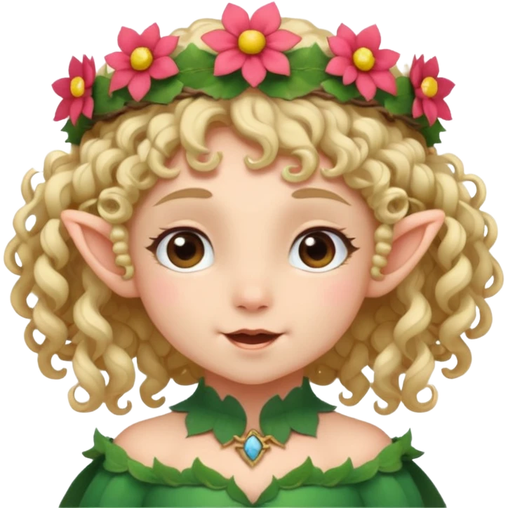 tiny Elf with Flower Crown, curley hair emoji