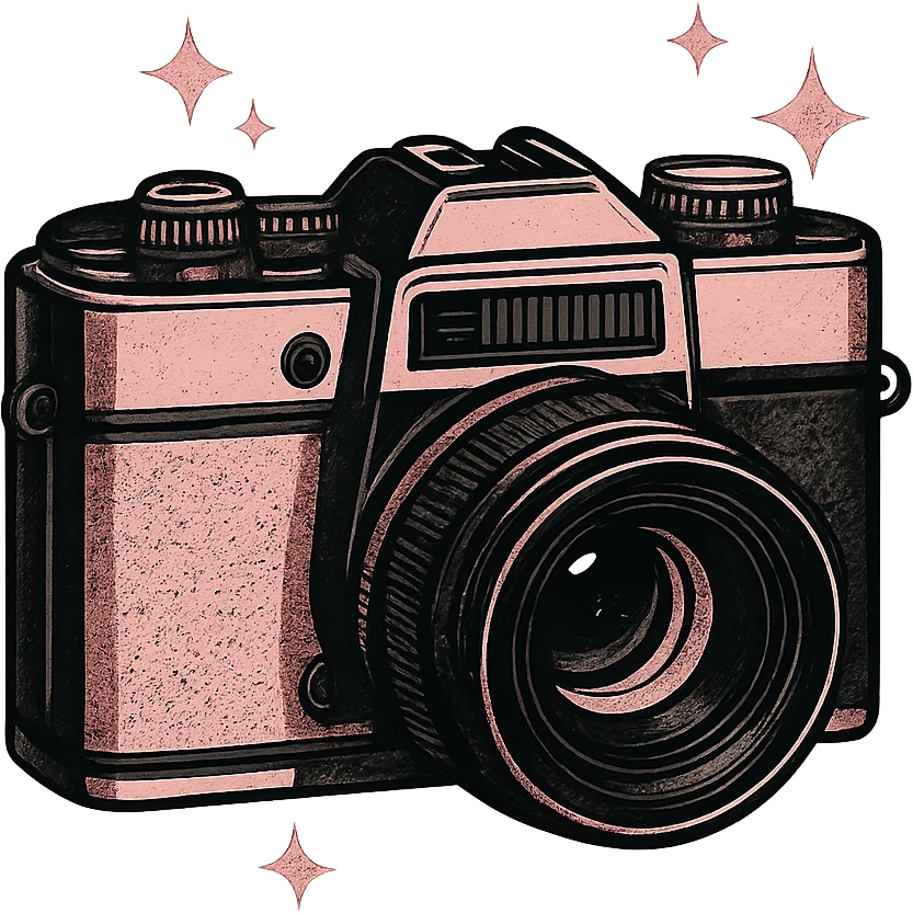 black and pink vintage camera with sparkles emoji