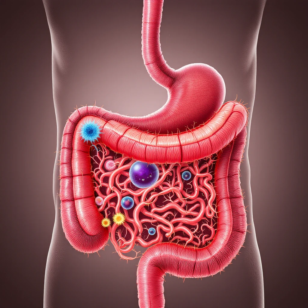 a medical illustration of a human realistic gut with bacteria and parasyte (tenia) emoji