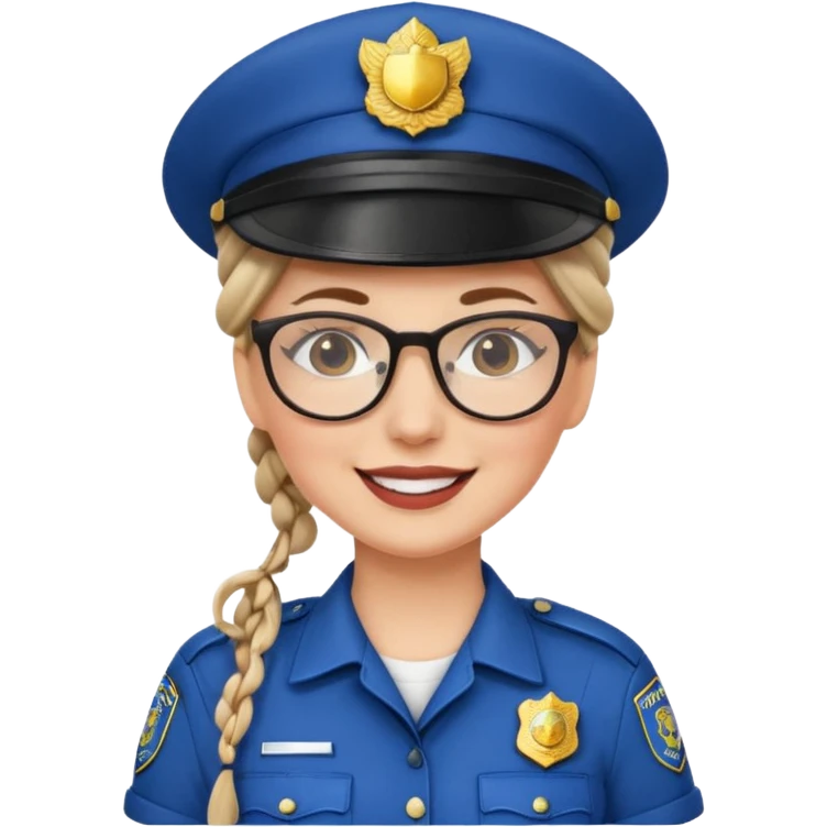 happy white woman police with braided hair wearing hat, glasses  emoji