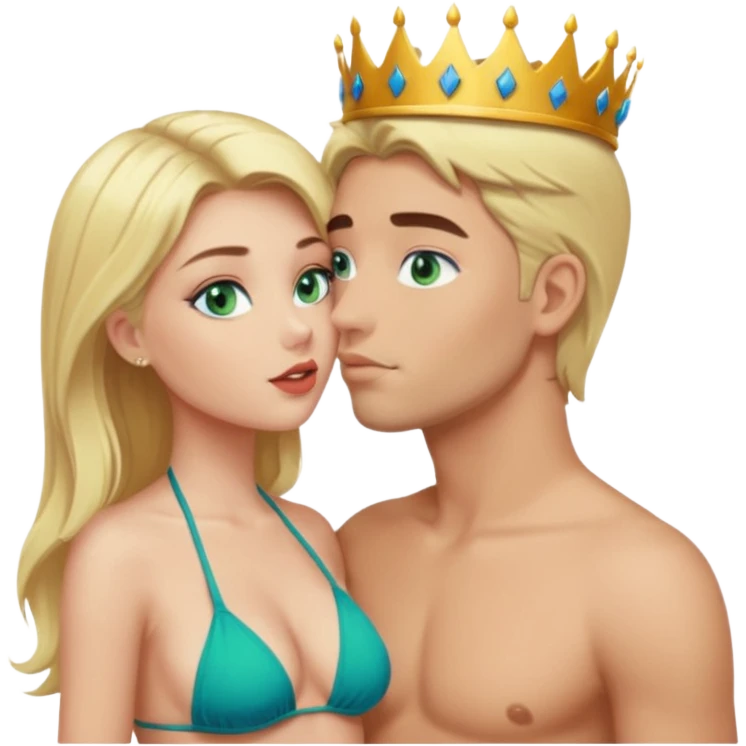 Blonde Queen Green eyes with crown in Bikini kissing Male subject without crown dark Hair blue eyes emoji
