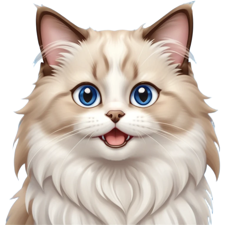 cinematic-adorable-big-eyed-fluffy-brown and white ragdoll-cat-portrait-emoji,-head-tilted-playfully-with-a-cute,-yawn,-soft-brown-and white-colored-fur-with-darker-points-on-the-ears,-simplified-yet-irresistibly-cute-features, sparkling blue eyes emoji