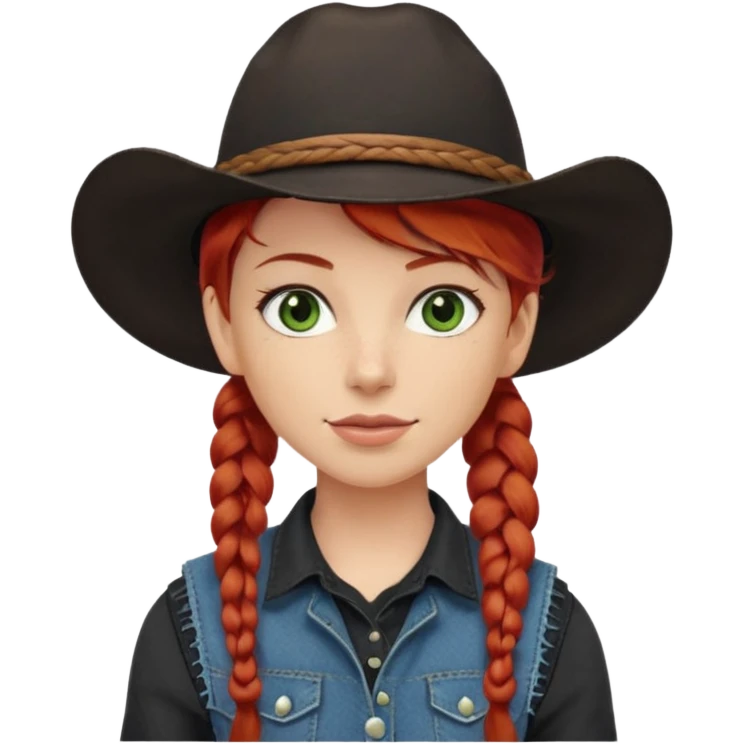cowgirl with red hair in one braid over shoulder, green eyes, black hat  emoji