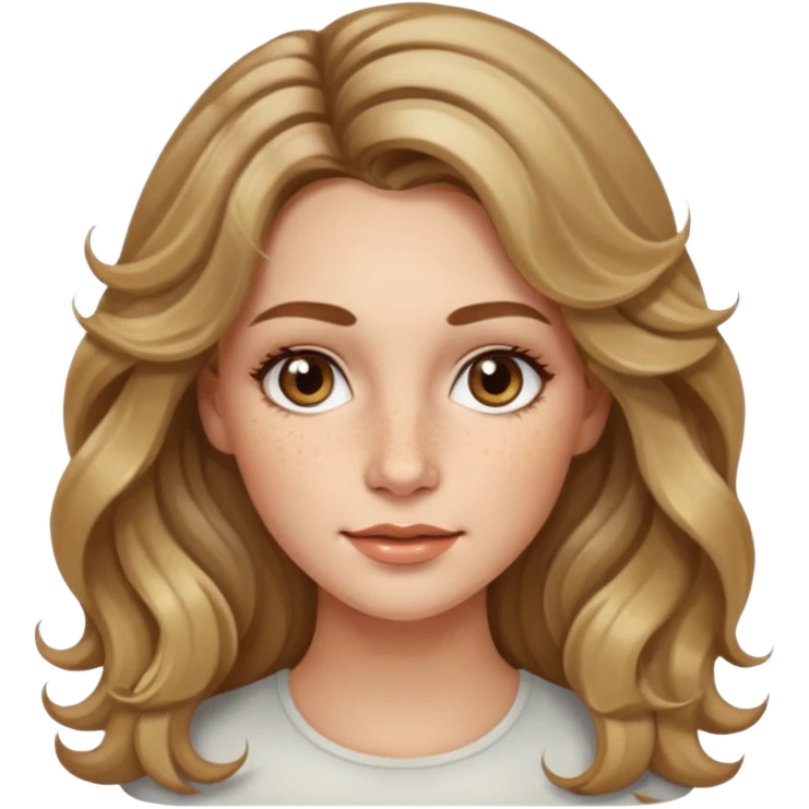 creative women with long dark Blond with highlights wavy hair white women, oval shape face hazel eyes long lashes freckles on the nose high cheek bones emoji