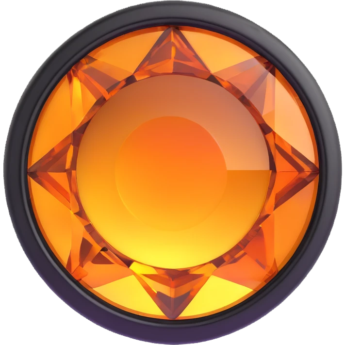 extreme up close amber round cut holographic gem with black metal accent, thick black metal rim emoji