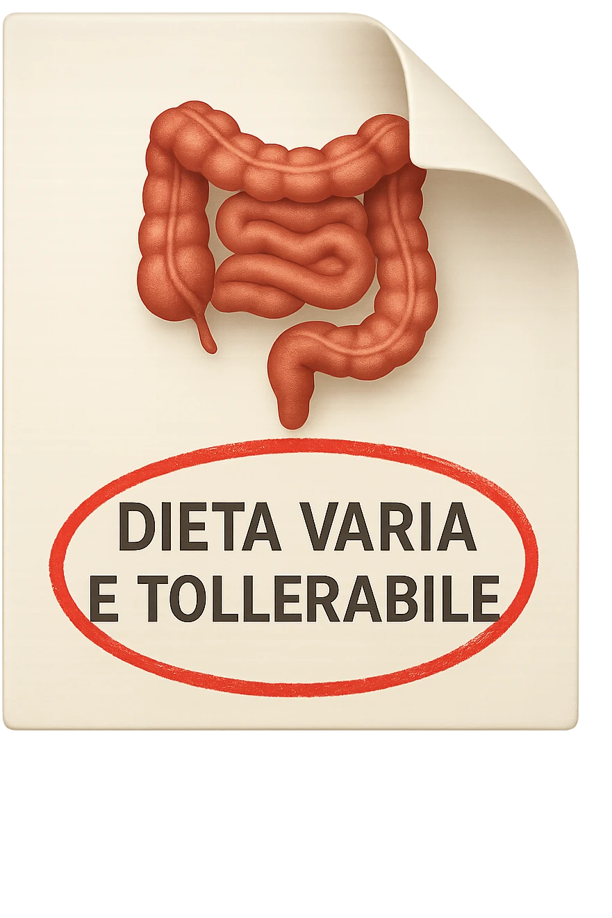 emoji stile iphone di un foglio con un INTESTINO disegnatO sopra e la scritta "DIETA VARIA E TOLLERABILE" CERCHIATA IN ROSSO, iperrealistico 4k, isolato su sfondo bianco emoji