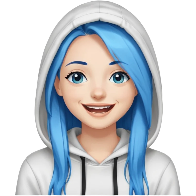 Laughing-long-straight-medium-blue-hair-blue-eyes-black eyeliner-long-lashes-white-hooded-sweatshirt emoji