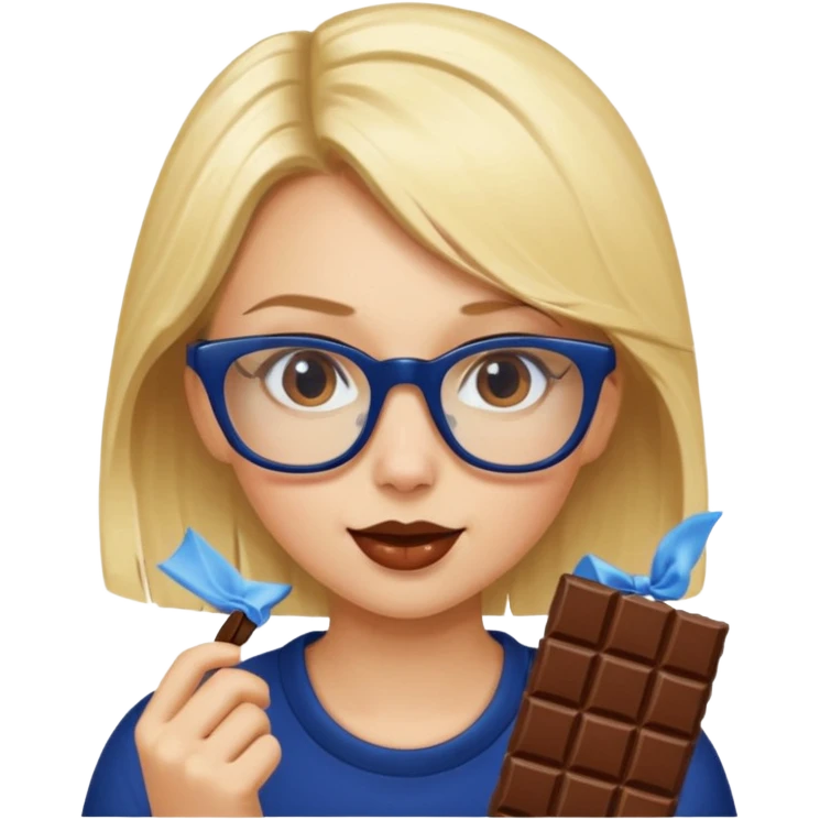Blonde girl with navy blue framed glasses eating chocolate emoji