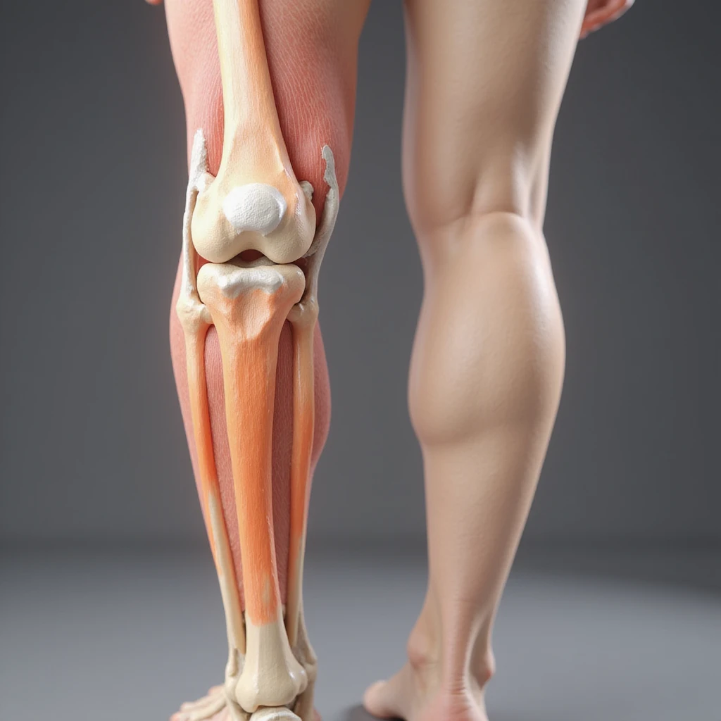 hyperrealistic 4K illustration of valgus knee, lateral view, highlighting inward deviation of knees, bones and joint clearly visible, white background, variant 3 with slightly changed foot position emoji