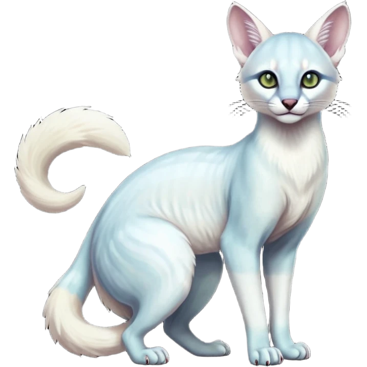 Colorful dark tropical pearly-albino-white iridescent glorious divine exotic cute cool beautiful shiny beautiful fantasy-caracal-civet-genet-sergal-vernid-Cacomistle-oncilla-animal-Fakémon-hybrid-fursona (full body) emoji