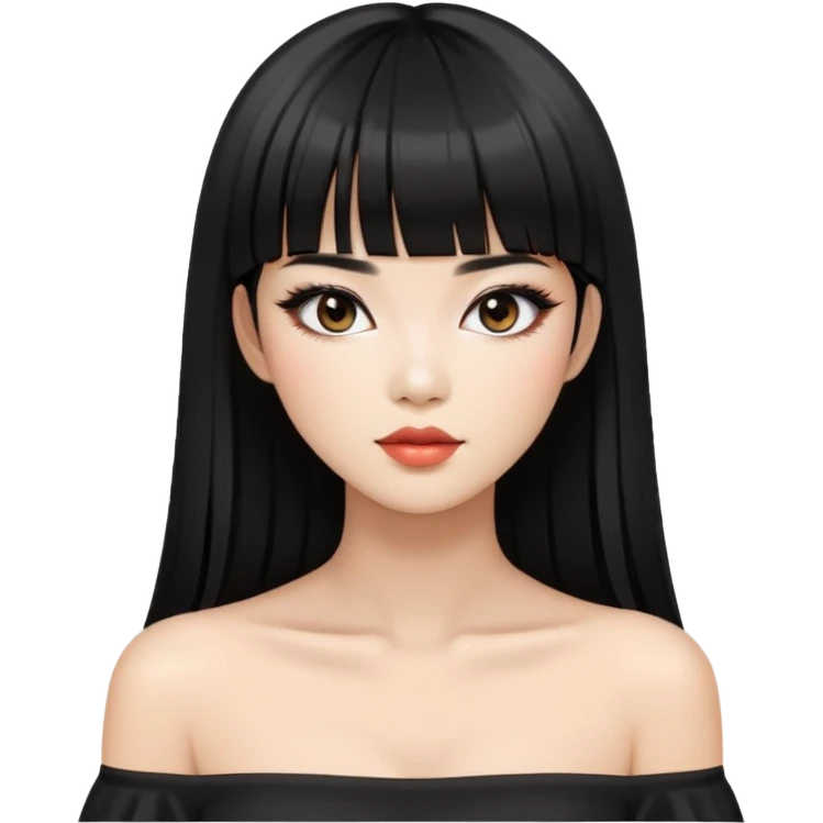 chic woman with Asian skin, black long straight bangs, wearing a black off-shoulder top, and makeup emoji