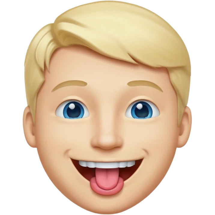 a smiley face of a man with tongue out just a little bit, blue eyes and blonde hair emoji