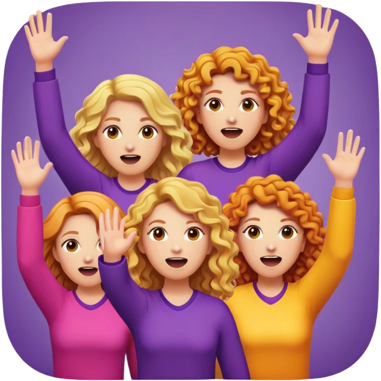 Blonde, back and ginger long curly hair ladys raising their hands and yelling with purple, orange, yellow and pink clothes  emoji