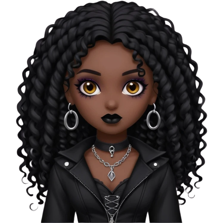 dark skin, goth bratz baddie, beautiful brown eyes, gothic black makeup, long black curly hair, black gothic hair styled, black goth clothes emoji