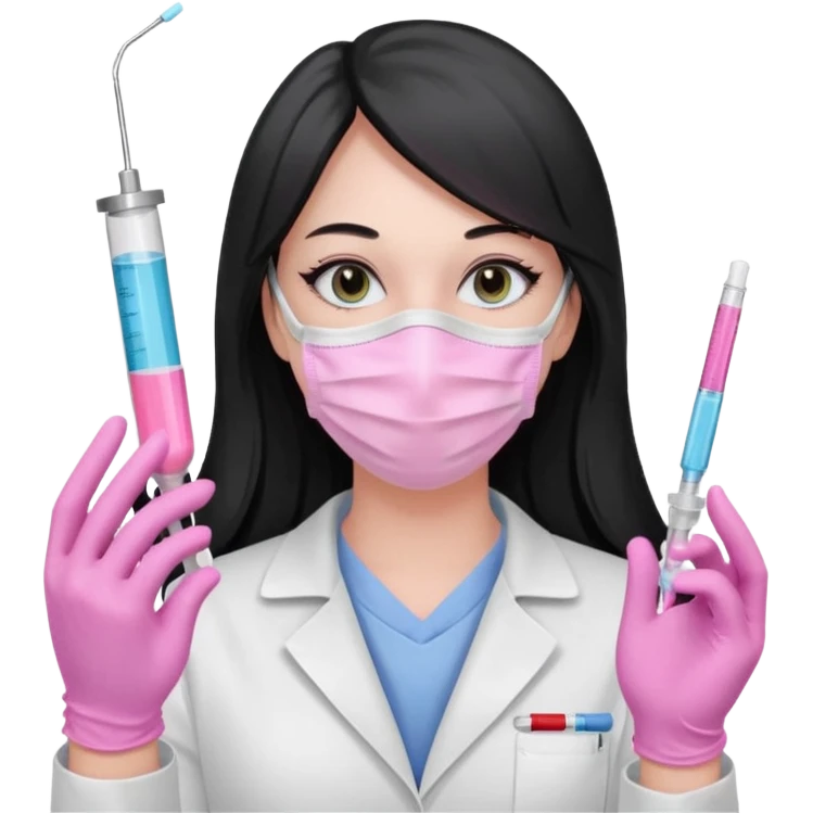 laboratorista con guantes rosa pastel y mascarilla rosa pastel jeringa tubo laboratorio sin lentes pelo lacio negro y largo emoji
