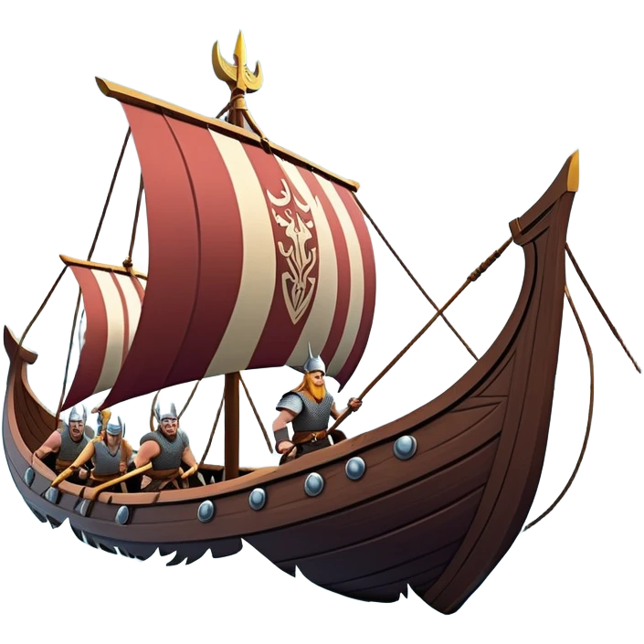 clash-of-clans-aesthetic_-cinematic-viking-longboat, rendered in a flat, bold vector style with minimal shading, featuring a striking dragon-headed prow slicing through icy, churning waters. shields on the side and vikings rowing The longboat’s intricately detailed shields and carved motifs evoke a sense of epic adventure and Nordic might, with billowing sails catching a dramatic, stormy sky backdrop. emoji