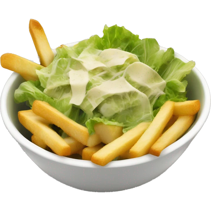 caesar salad in a bowl with a side of fries and a cole emoji