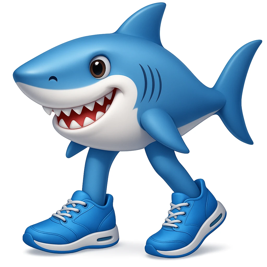 Add legs to the shark so it is actually wearing the blue shoes, keeping the style similar to emoji style (apple style emojis). emoji