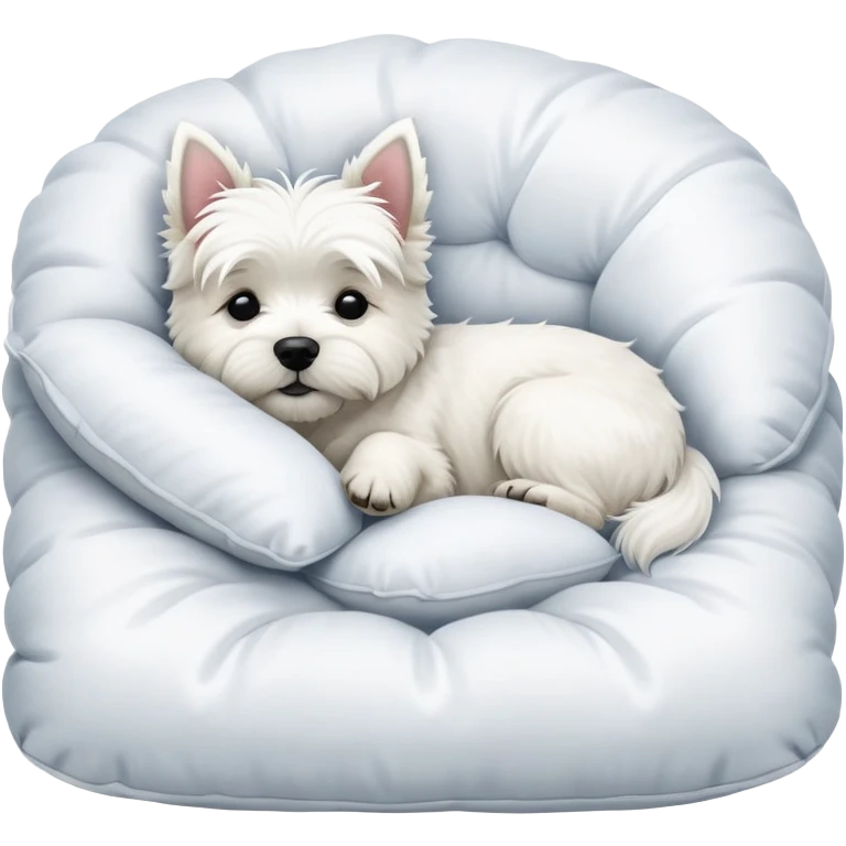 West highland terrier sleeping in a bed of cushions emoji
