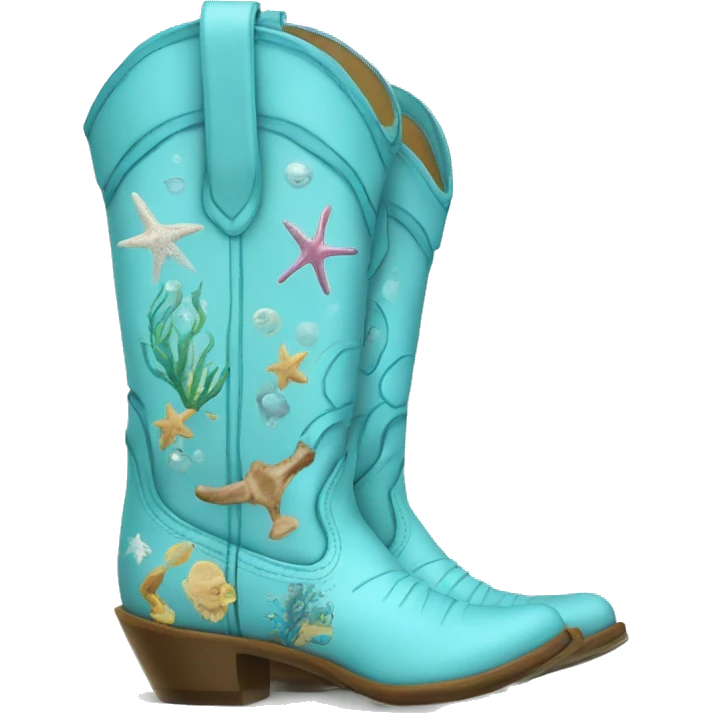 Light blue cowgirl boots with ocean print emoji