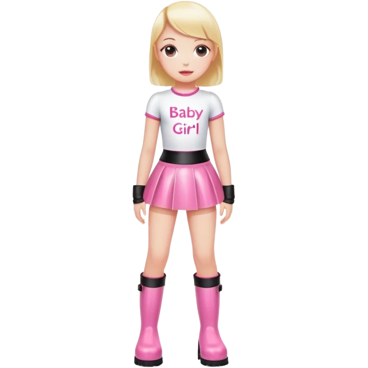 Mini latex skirt and boots and short top with pink inscription “Baby girl” emoji