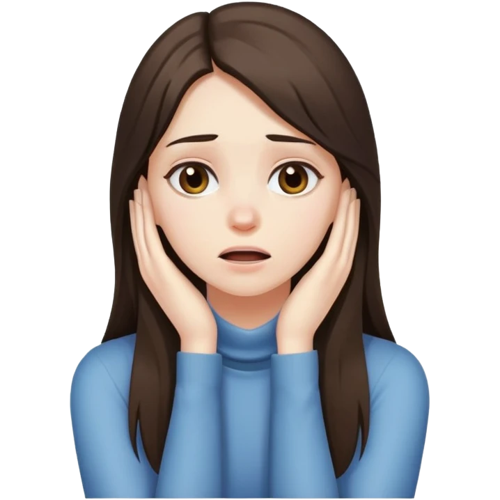 brunette girl with long stressed out with her hands around her neck emoji