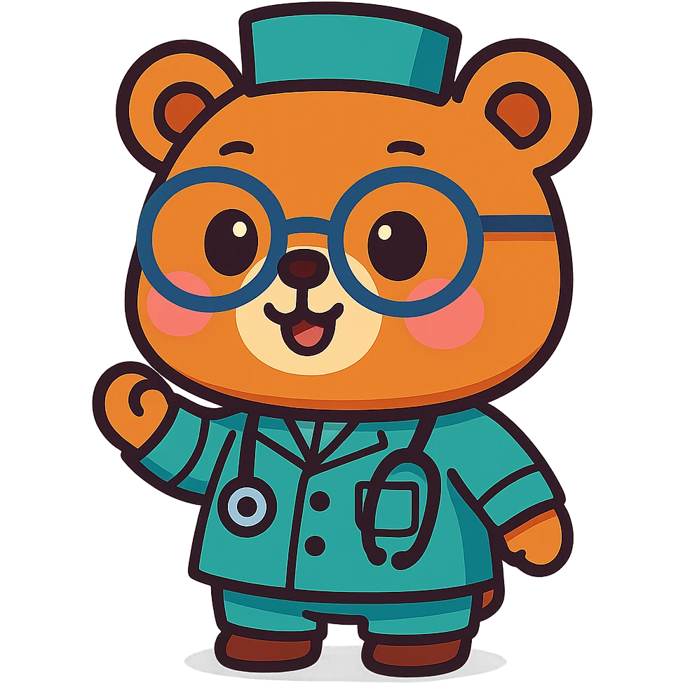 chibi bear with glasses wearing medical attire, animated style, cute and vibrant emoji