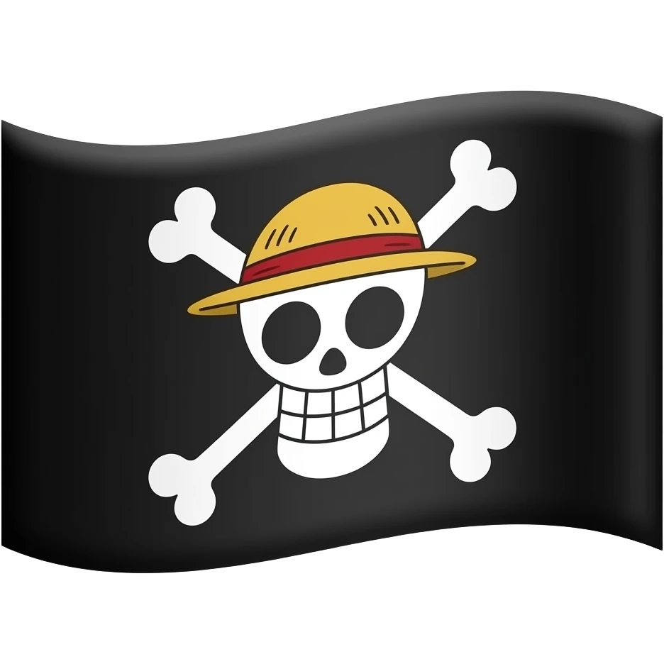"Minimalist One Piece Jolly Roger: black flag, white skull and crossbones, wearing a yellow straw hat with a red ribbon. Flat vector style." emoji