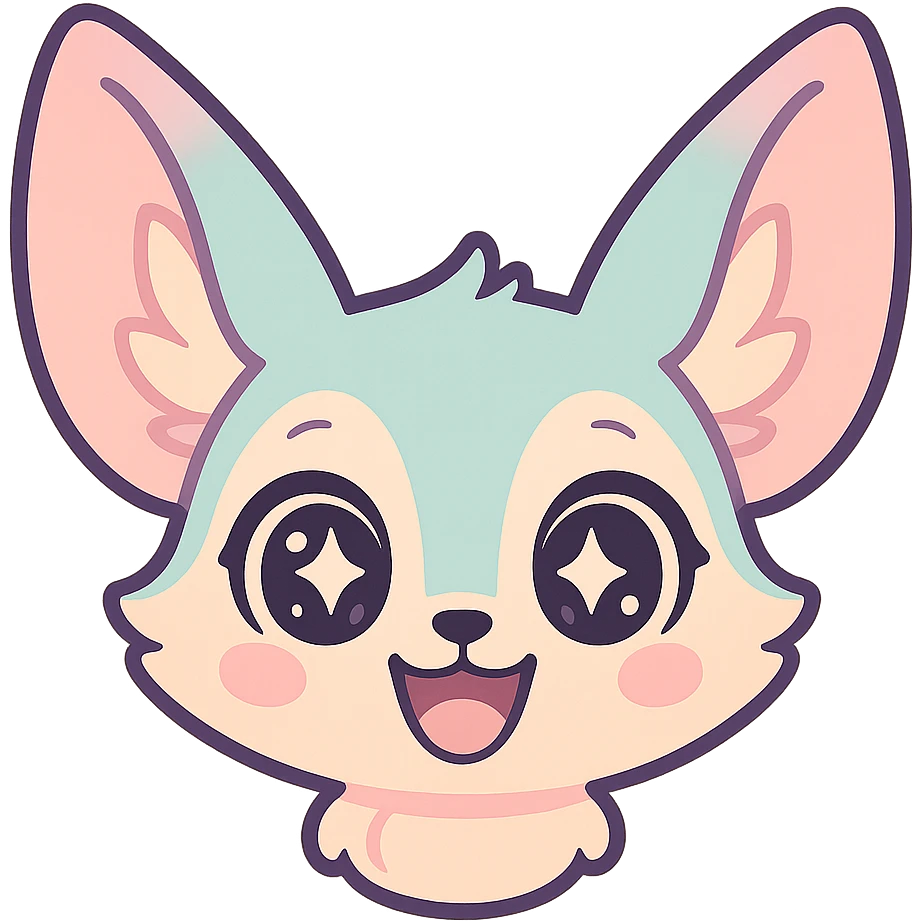 Transformer cette illustration de fennec magique kawaii en emoji expressif, style kawaii, fond transparent, garder les couleurs pastel et les accents féeriques. emoji