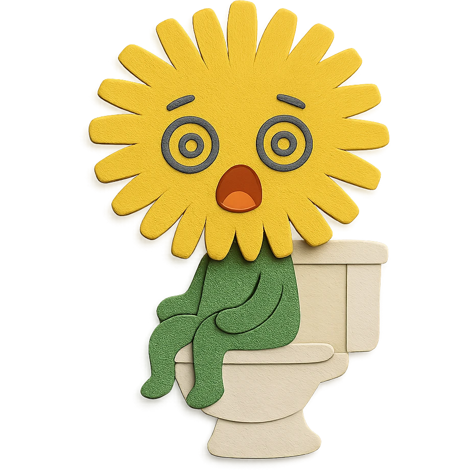 lemon yellow dandelion flower with a shocked face, sitting on a toilet with swirls in the eyes, soft colors, chibi expression emoji