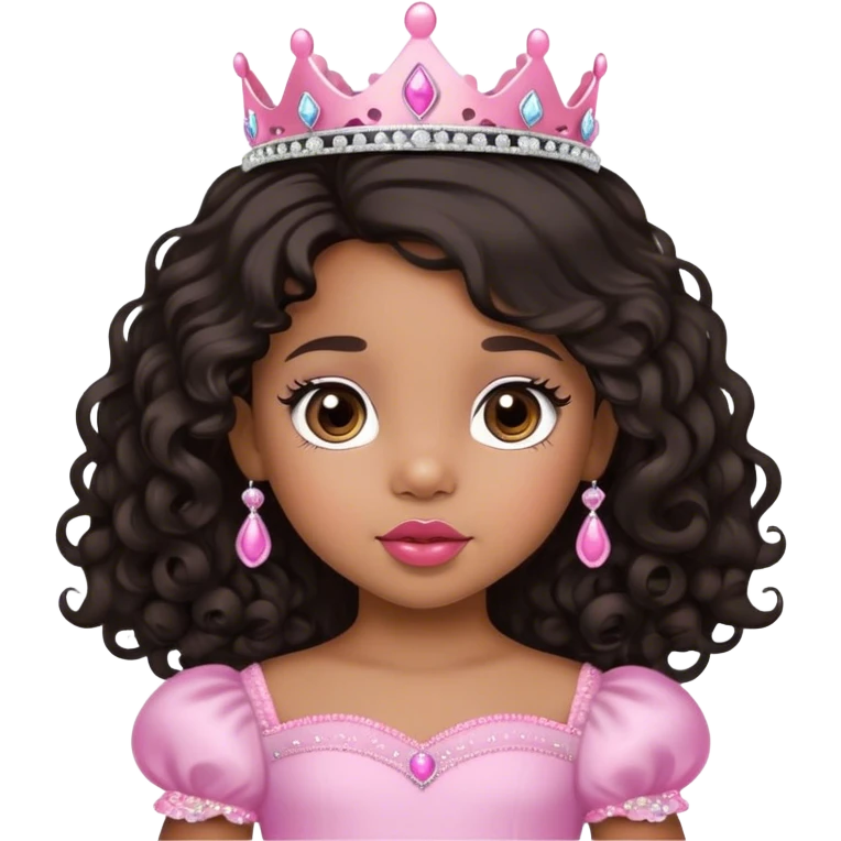 princess, medium brown skin tone, very adorable toddler, with big plump lips, long long lashes, black curly long hair, brown eyes, pink tiara emoji
