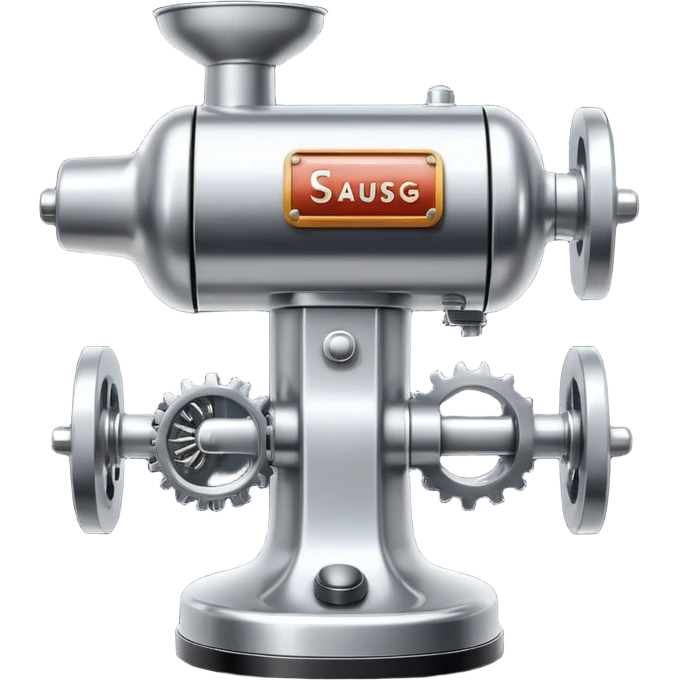 sausage-processing droid. retro-futuristic style. top is a circular industrial meat grinder with rotating gears and blades. Two robotic arms feed material into grinder. Sausage links extrude from the rear like  factory. The body is metallic, compact, and floats above the ground.no legs. Dark humor emoji