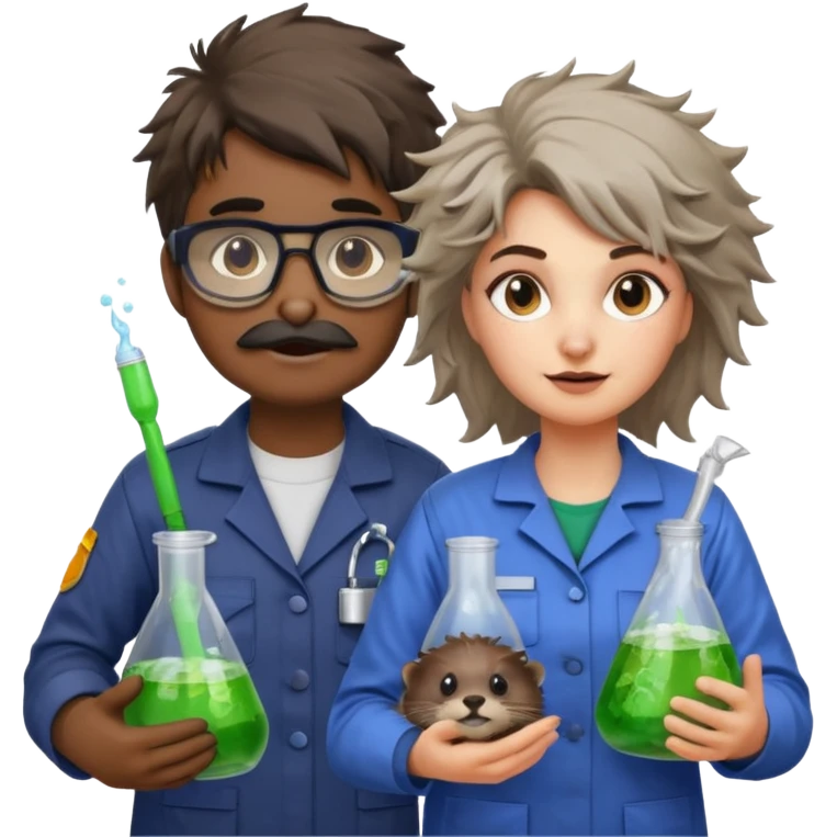 an otter disguised as a woman garbage collector next to a man mad scientist emoji