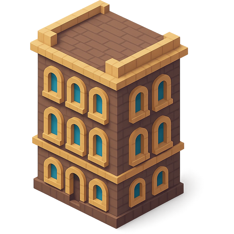 old Saint Petersburg building, gray-brown facade, arched windows, isometric view emoji