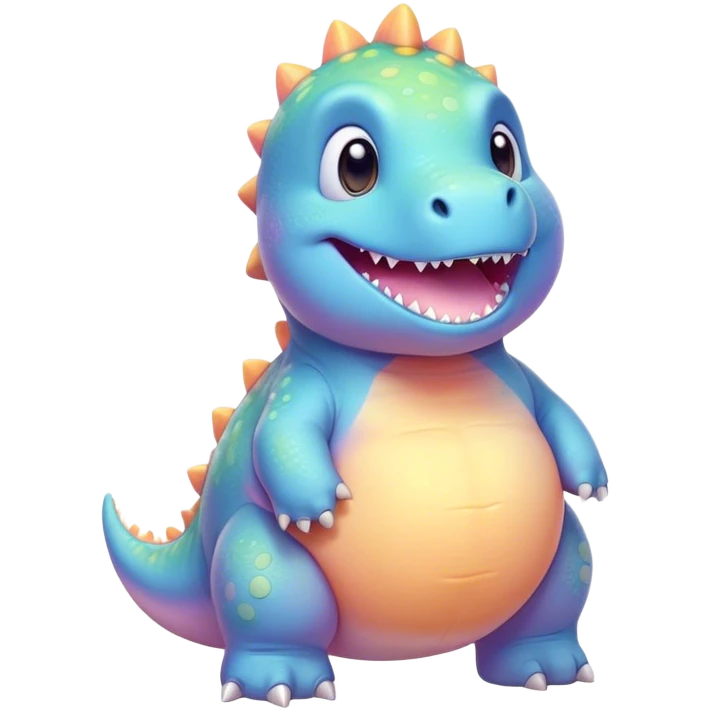 Cinematic tiny pastel dinosaur, chubby round body, tiny feet, big sparkling eyes, soft glowing colors, happy and friendly expression, radiating warmth. emoji