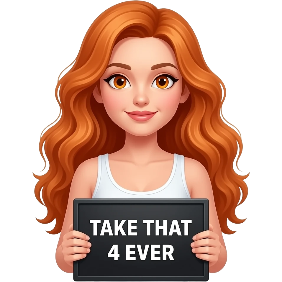 sexy girl with long wavy ginger hair and ginger eyes wearing a white tanktop is holding a black colored sign with TAKE THAT 4 EVER written on it emoji