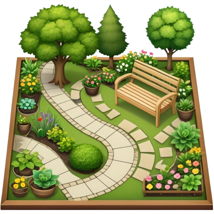 Icon for Landscape Design: a garden layout with trees, plants, pathways, and outdoor furniture, along with design tools like a ruler, pencil and sketchpad. The icon should represent the creativity and planning behind landscape design. Transparent background. emoji