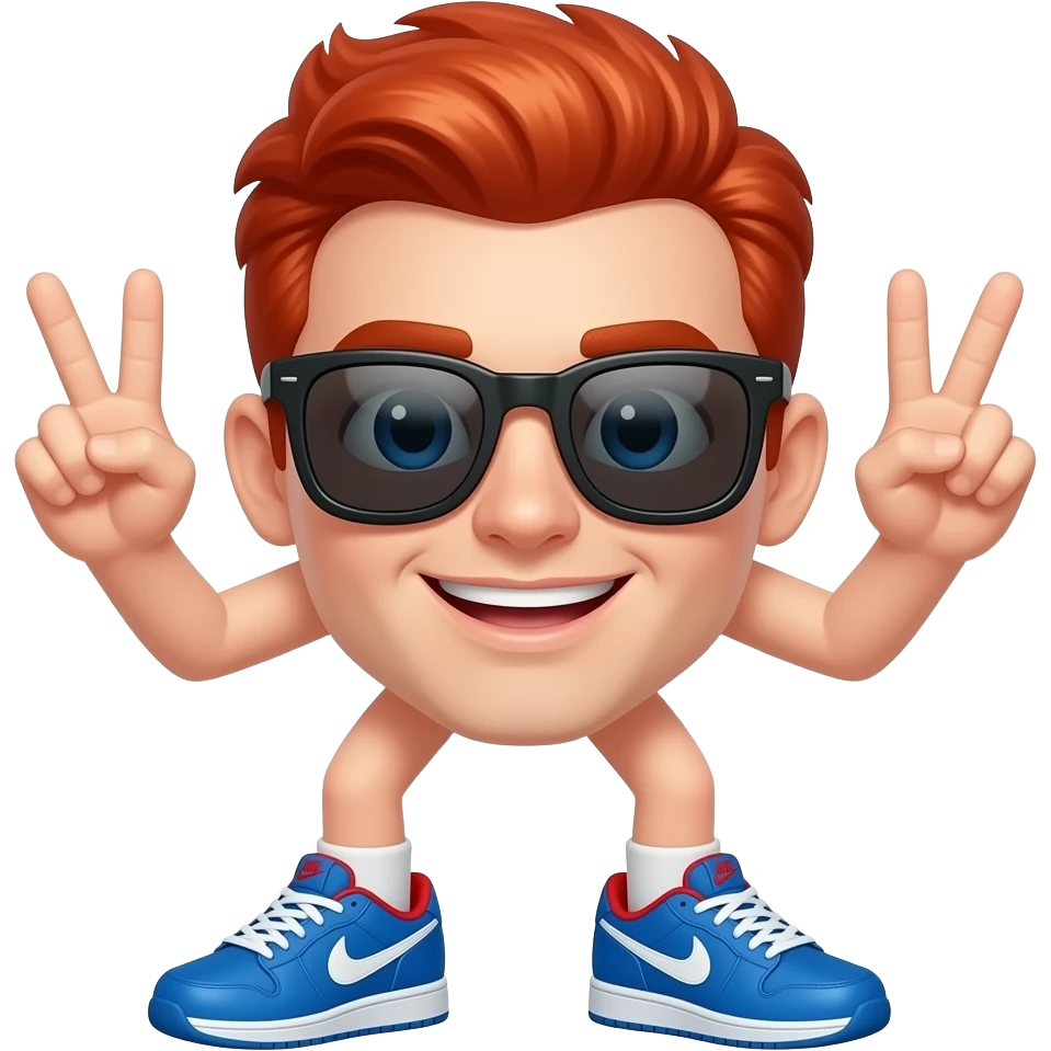 a red jalapenio holding up peice signs with his hands and weaering sun shades with blue nikes with red aems emoji