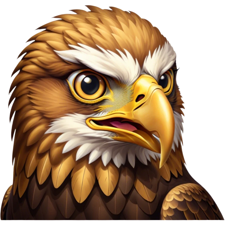Cinematic Comical Golden Eagle Portrait Emoji, Head tilted dramatically with an exaggeratedly shocked expression, featuring a striking, broad-beaked form with wide, comically expressive eyes full of playful disbelief and richly textured golden feathers, Simplified yet hilariously expressive features, highly detailed, glowing with a slightly sassy amber glow, high shine, dramatic yet playful, stylized with an air of cheeky aerial mischief, soft glowing outline, capturing the essence of a meme-worthy golden eagle that looks ready to side-eye its way into viral fame! emoji