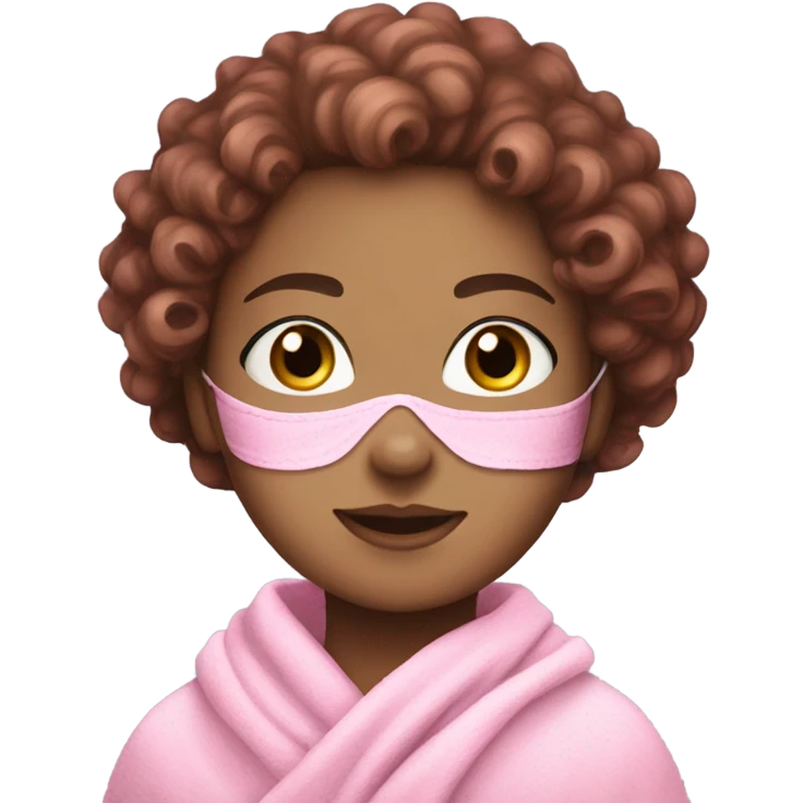 White skin girl with a pink face mask, curly and brown hair, and a pink hair towel  emoji