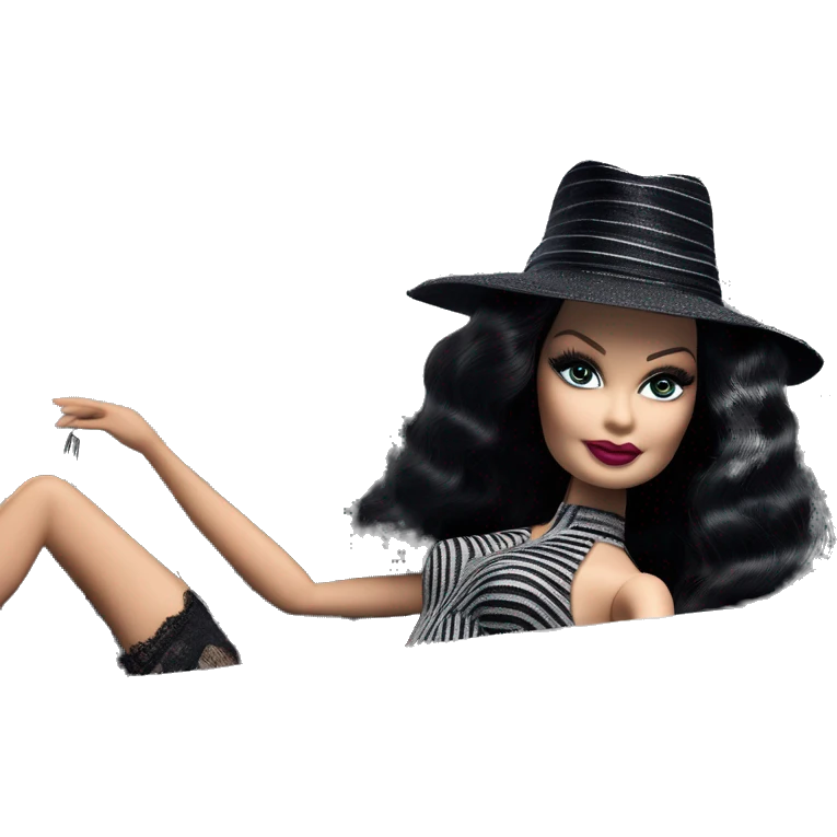 Bouclé Beauty Lingerie Barbie, Morticia Addams from academy, in dark-gray and black striped outfit with hat. Driving 1965 Mercedes 190 emoji