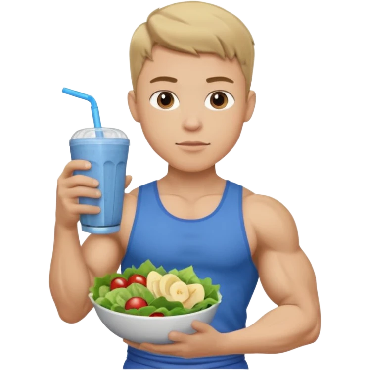 A young male person with a muscular, well-defined build. He has short dark blonde hair, a light skin tone, and a neutral facial expression. He wears blue cloth. He is holding a salad in one hand and a protein shake in the other. emoji