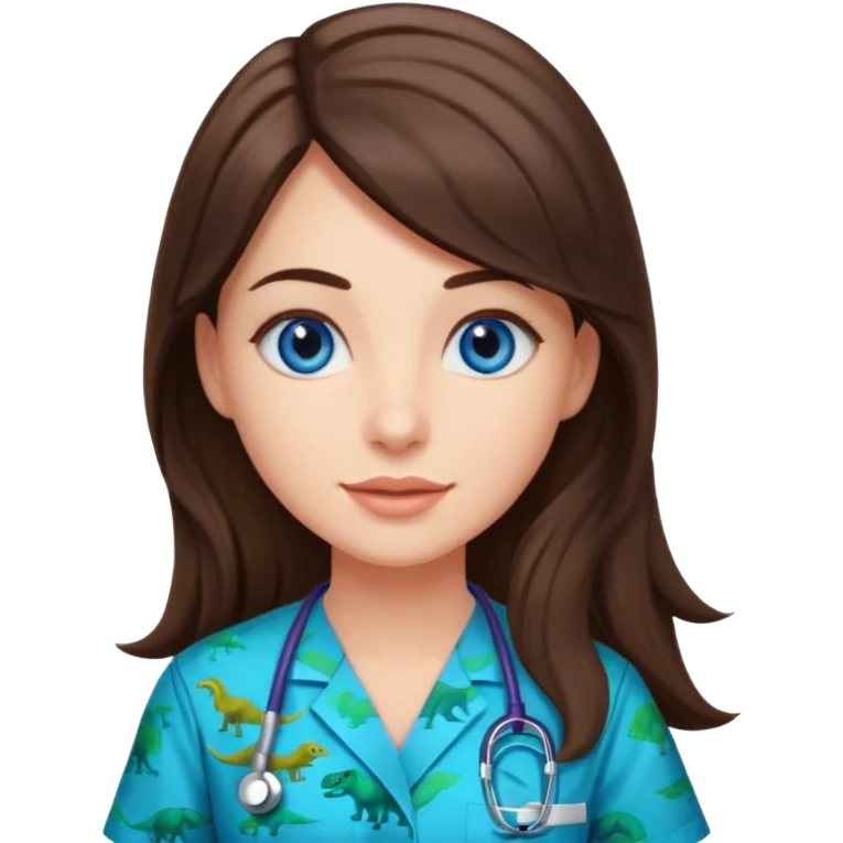 pretty brunette nurse with long hair and blue eyes in dinosaur pattern scrubs emoji